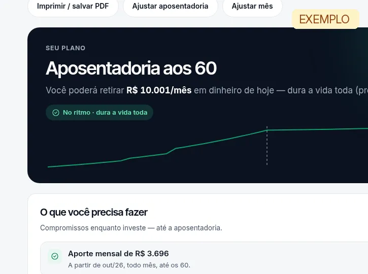 Tela do Lume Planner mostrando um plano de exemplo e quanto guardar por mês para alcançá-lo